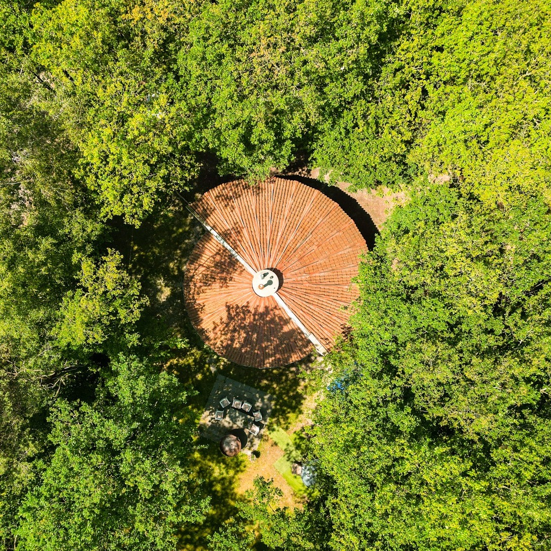 Drone-opname van vakantiehuis De Paddestoel in het bos van Drenthe